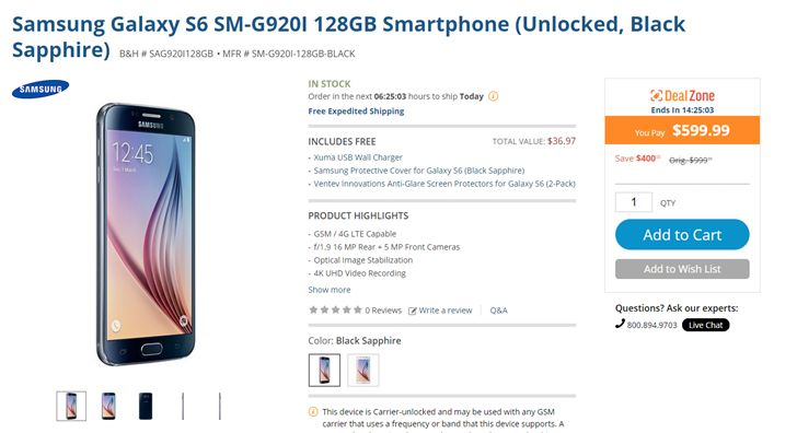 Fotografía - [Offre Alerte] B & H Photo a un Unlocked 128GB Galaxy S6 Pour 600 $, plus une affaire et protecteurs d'écran - Compatible avec AT & T et T-Mobile LTE